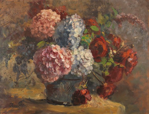 Hortensien und Rosen  by Anna Peters - Hand-Painted Oil Painting Reproduction