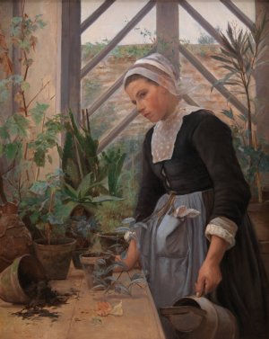 Breton Girl Looking After Plants In The Hothouse by Anna Petersen Oil Painting