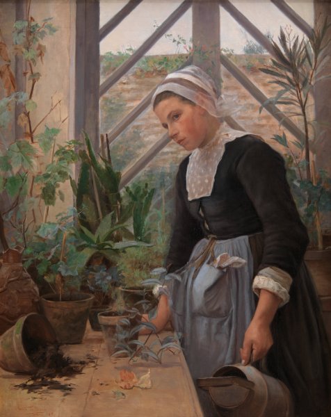 Breton Girl Looking After Plants In The Hothouse by Anna Petersen - Hand-Painted Oil Painting Reproduction
