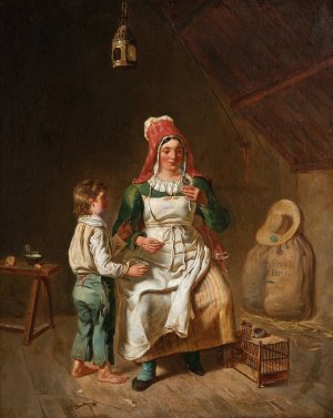 Mor och son med en fagel by Anne-Genevieve Greuze Oil Painting