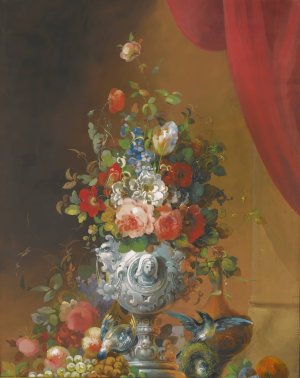 Still Life With Flowers In An Urn, Birds And Fruit On A Ledge Below by Anne Vallayer-Coster (Follower) Oil Painting
