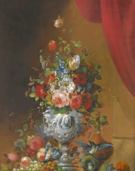 Main Product Photo of Still Life With Flowers In An Urn, Birds And Fruit On A Ledge Below Painting by Anne Vallayer-Coster (Follower)