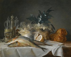 A Still Life Of Mackerel, Glassware, A Loaf Of Bread And Lemons On A Table With A White Cloth by Anne Vallayer-Coster Oil Painting