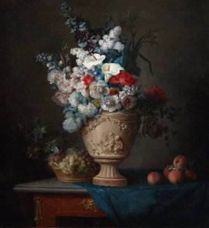 Bouquet of Flowers in a Terracotta Vase with Peaches and Grapes by Anne Vallayer-Coster Oil Painting