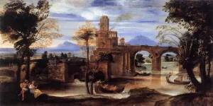 Roman River Landscape with Castle and Bridge painting by Annibale Carracci