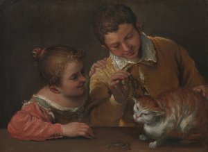 Two Children Teasing a Cat by Annibale Carracci Oil Painting