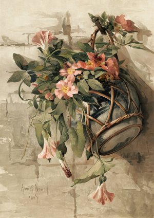 Pink Flowers in Hanging Vase by Annie Nowell Oil Painting