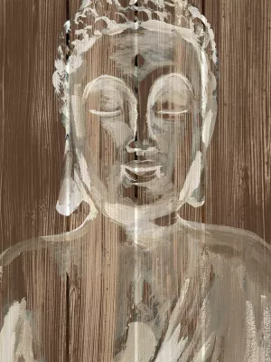 Buddha on Wood I Oil Painting by Annie Warren - Contemporary