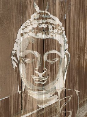 Buddha on Wood II Oil Painting by Annie Warren - Contemporary
