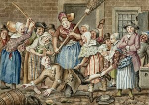 Een man die zijn vrouw had geslagen wordt in de Vinkestraat te Amsterdam door een groep vrouwen bestraft, 1768 by Anthonie Drost Oil Painting