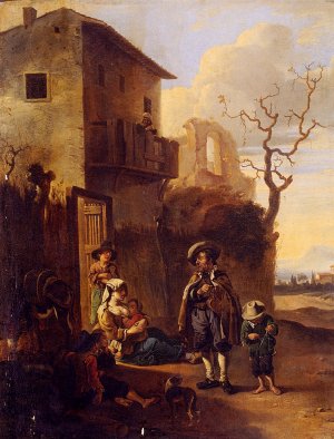Travelers Resting By A House, With Architectural Ruins Beyond