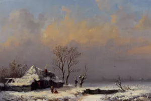 A Winter Landscape with Figures near a Farm by Anthonie Jacobus Van Wijngaerdt - Oil Painting Reproduction