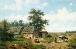 Figures Outside A Cottage On A Sunny Day by Anthonie Jacobus Van Wijngaerdt Oil Painting