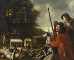 Two huntsmen with dogs and trophies by Anthonie Leemans Oil Painting