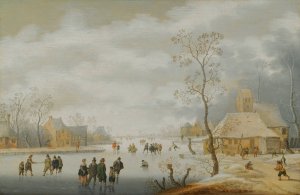 A Winter Landscape With Figures Skating On A Frozen River Beside A Village by Anthonie Verstraelen Oil Painting