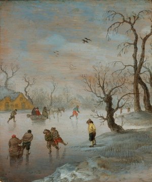 Skaters And A Horse-Drawn Sledge On A Frozen Waterway by Anthonie Verstraelen Oil Painting