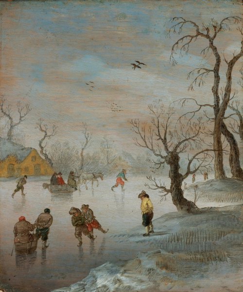 Skaters And A Horse-Drawn Sledge On A Frozen Waterway by Anthonie Verstraelen - Hand-Painted Oil Painting Reproduction