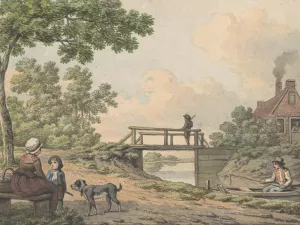 Landschap met figuren en een bruggetje bij een boerenwoning Oil painting by Anthony Andriessen