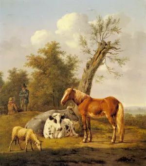 Cows, a Horse and a Sheep Resting by a Blasted Oak by Anthony Oberman - Oil Painting Reproduction