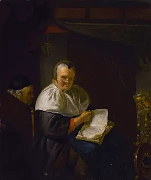 Interior with a woman reading by a spinning wheel, and a man smoking Oil painting by Anthony Van Deyl