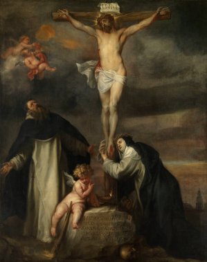 Christ on the Cross with Saint Catherine of Siena, Saint Dominic and an Angel by Anthony Van Dyck Oil Painting