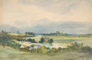 Extensive landscape prospect with a fortified building on hill in the background by Antoine Chintreuil Oil Painting