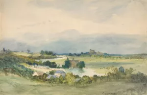 Extensive landscape prospect with a fortified building on hill in the background by Antoine Chintreuil Oil Painting