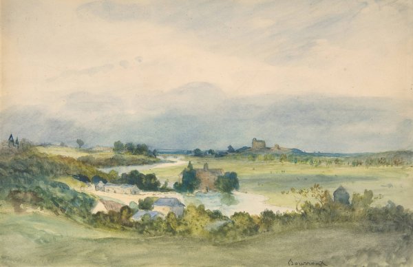 Main Product Photo of Extensive landscape prospect with a fortified building on hill in the background  Painting by Antoine Chintreuil