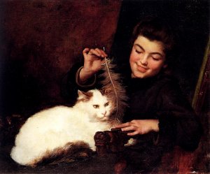 A Young Girl with a White Cat