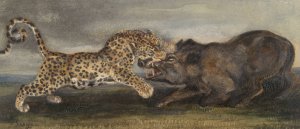 Leopard aux prises avec un sanglier by Antoine-Louis Barye Oil Painting
