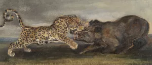 Leopard aux prises avec un sanglier by Antoine-Louis Barye Oil Painting