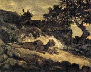 Lions near their Den by Antoine-Louis Barye - Oil Painting Reproduction