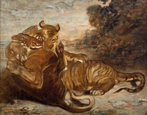 Two Tigers at Play by Antoine-Louis Barye Oil Painting