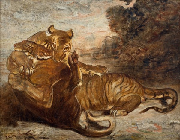 Two Tigers at Play by Antoine-Louis Barye - Hand-Painted Oil Painting Reproduction