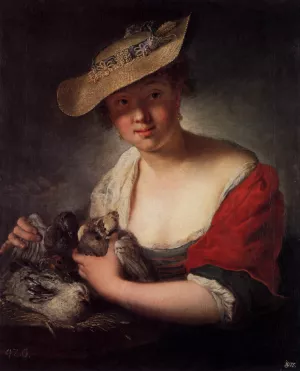 Girl with Pigeons by Antoine Pesne - Oil Painting Reproduction