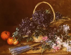 A Still Life with a Basket of Flowers, Oranges and a Fan on a Table Oil painting by Antoine Vollon