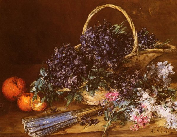 Main Product Photo of A Still Life with a Basket of Flowers, Oranges and a Fan on a Table Painting by Antoine Vollon