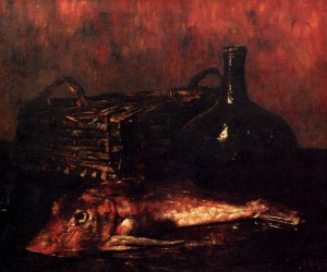 A Still Life With A Fish, A Bottle And A Wicker Basket