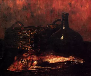 A Still Life With A Fish, A Bottle And A Wicker Basket Oil painting by Antoine Vollon
