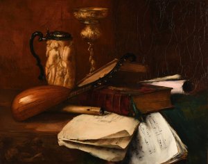 Calice, vidrecome, livres liturgiques et cahiers de musique by Antoine Vollon Oil Painting