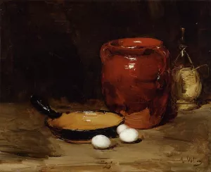 Still Life with a Pen, Jug, Bottle and Eggs on a Table by Antoine Vollon Oil Painting