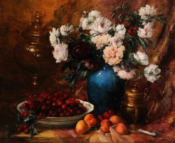 Main Product Photo of Vase, fleurs et fruits  Painting by Antoine Vollon
