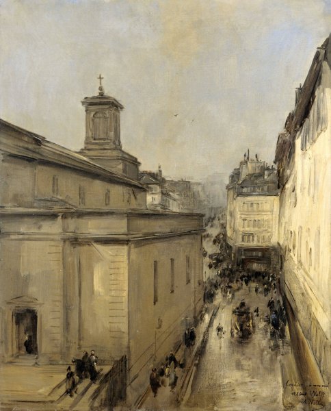 Main Product Photo of View of the Church of Notre Dame de Lorette and the Rue Flechier, Paris  Painting by Antoine Vollon