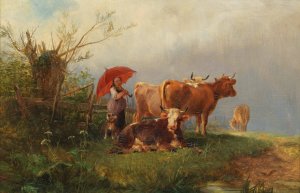 Der rote Schirm by Anton Braith Oil Painting