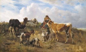 Hirtenidyll auf sommerlicher Weide mit Kuhen und Ziegen by Anton Braith Oil Painting
