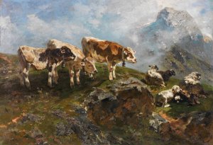 Kalber und Schafe im Hochgebirge by Anton Braith Oil Painting