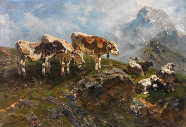 Kalber und Schafe im Hochgebirge  by Anton Braith - Hand-Painted Oil Painting Reproduction