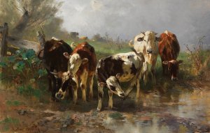 Kuhe am Wasser by Anton Braith Oil Painting