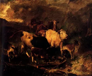 Viehherde an Einem Zerstorten Steg painting by Anton Braith
