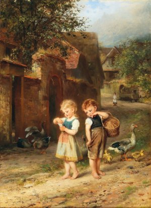Feeding the Ducks by Anton Dieffenbach Oil Painting